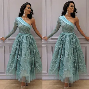 one shoulder prom dress 3d flowers elegant turquoise blue arabic prom gown robe de soiree