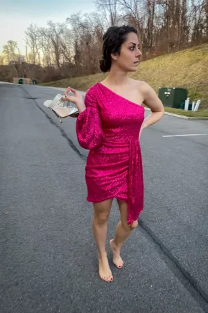 One Shoulder Sequin Pink Cocktail Dress