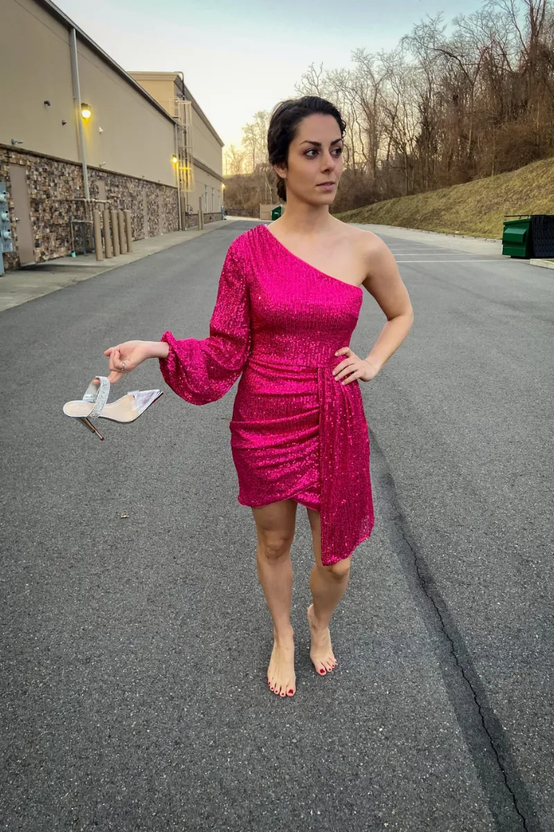 One Shoulder Sequin Pink Cocktail Dress