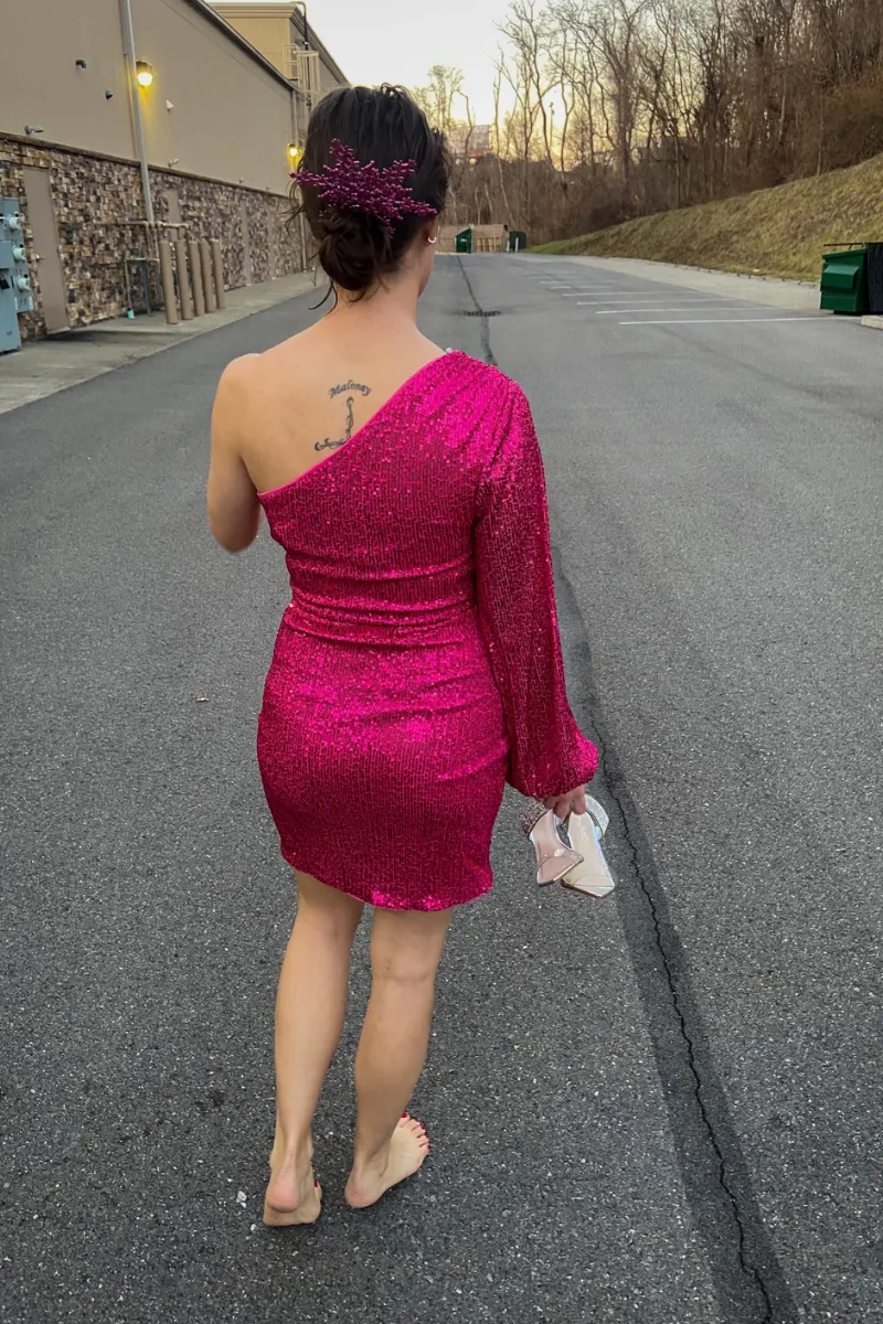 One Shoulder Sequin Pink Cocktail Dress