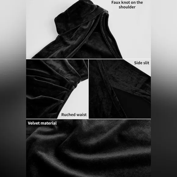 One Shoulder Velvet Dress Slim Fitted Slit Faux Wrap Sexy Bodycon Evening Dress5