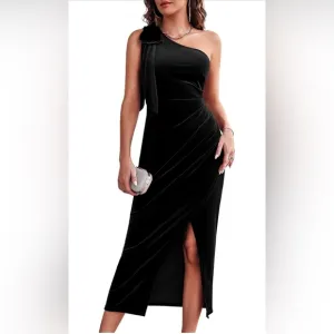 One Shoulder Velvet Dress Slim Fitted Slit Faux Wrap Sexy Bodycon Evening Dress5