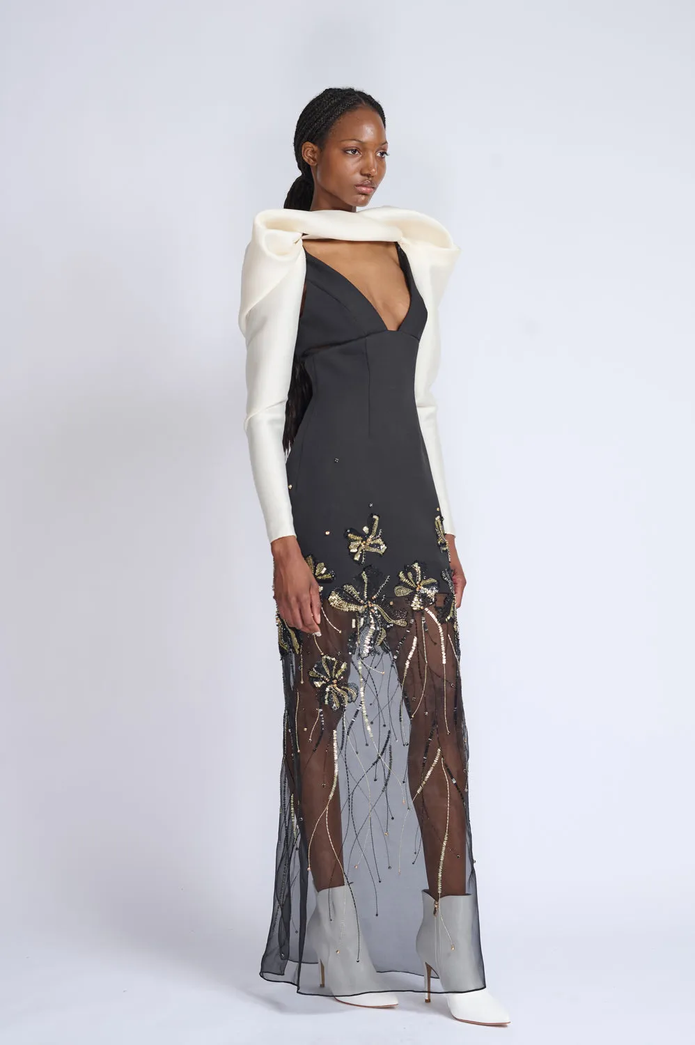 Onyx Cady To Organza Gown With Golden Fleur Embroidery and Draped Gazar Sleeves