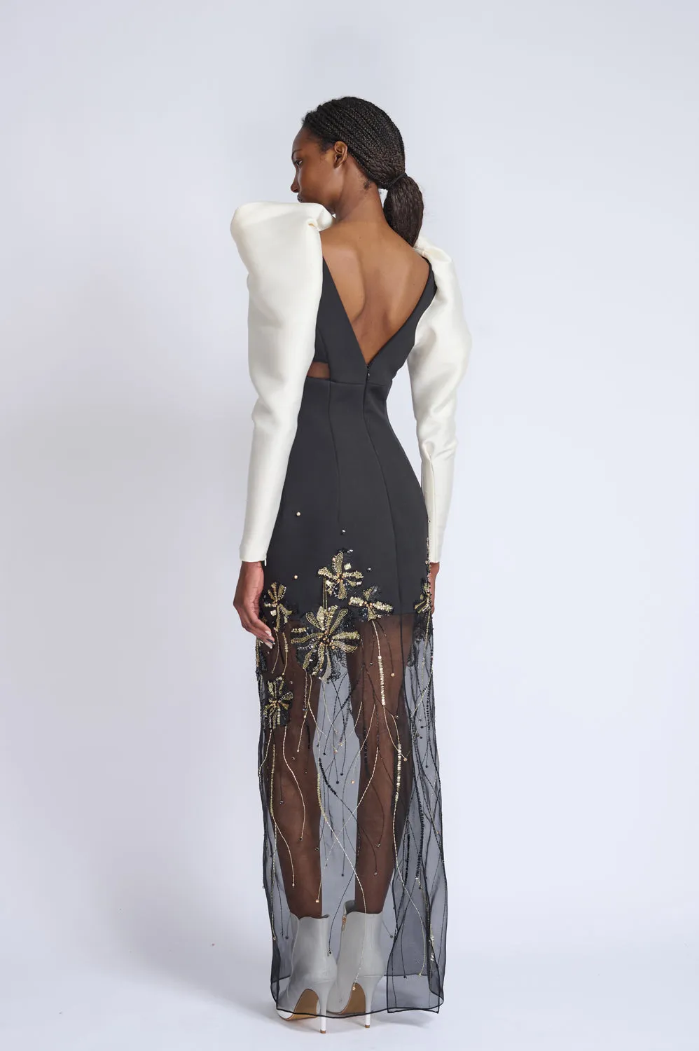 Onyx Cady To Organza Gown With Golden Fleur Embroidery and Draped Gazar Sleeves