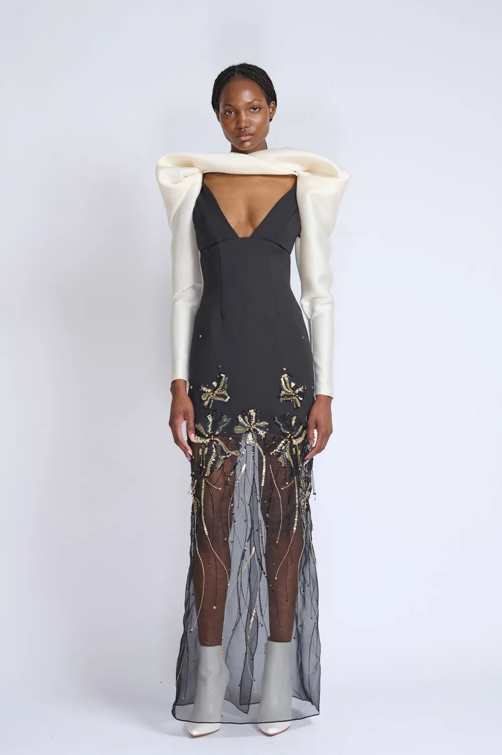 Onyx Cady To Organza Gown With Golden Fleur Embroidery and Draped Gazar Sleeves