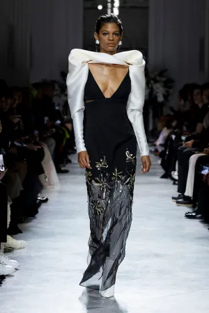 Onyx Cady To Organza Gown With Golden Fleur Embroidery and Draped Gazar Sleeves