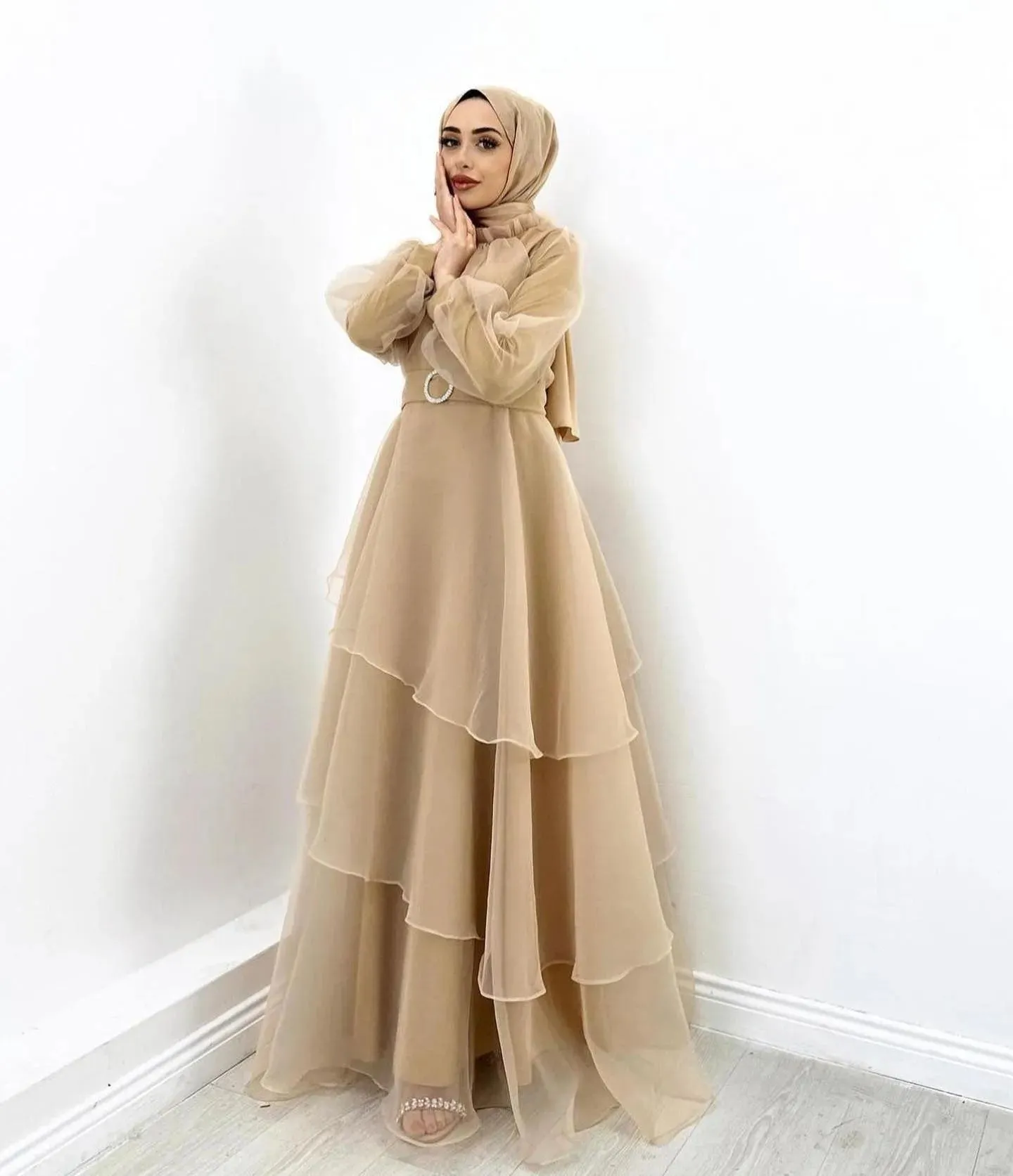 Organza Muslim Prom Dresses High Neck Long Sleeves Layered Women Party Gowns Ankle Length Formal Evening Dress