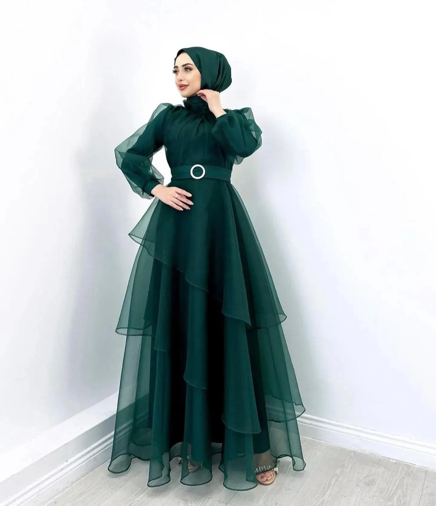 Organza Muslim Prom Dresses High Neck Long Sleeves Layered Women Party Gowns Ankle Length Formal Evening Dress
