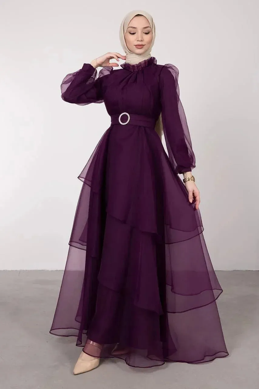 Organza Muslim Prom Dresses High Neck Long Sleeves Layered Women Party Gowns Ankle Length Formal Evening Dress