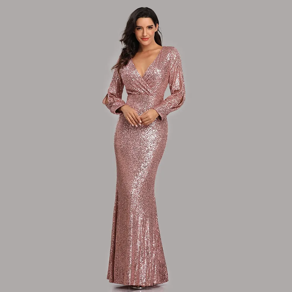 Original Sexy V-neck Mermaid Evening Dress Long Formal Prom Party Gown Full Sequins long Sleeve Galadress Vestidos Women Dresses 2021
