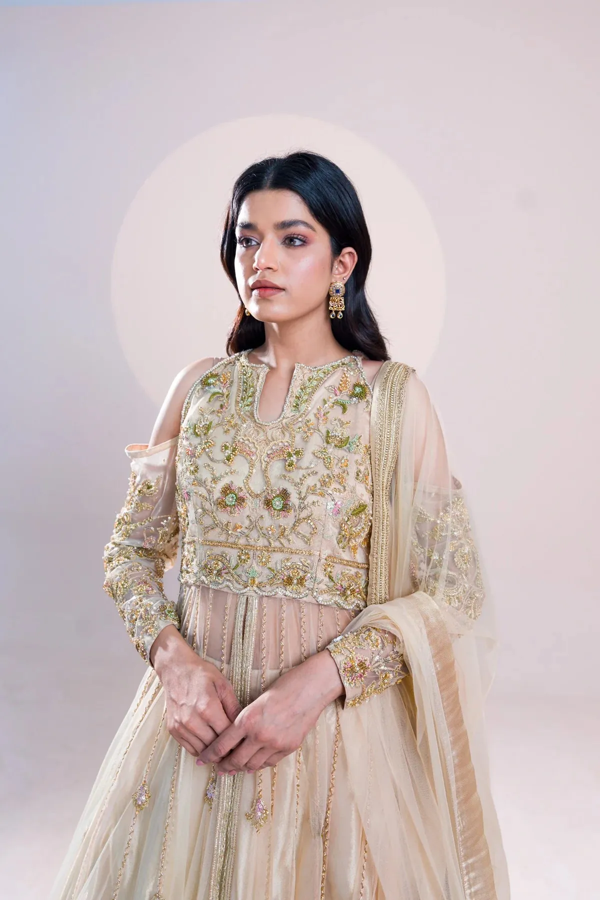Pakistani Bridal Dress in Open Pishwas Lehenga Style