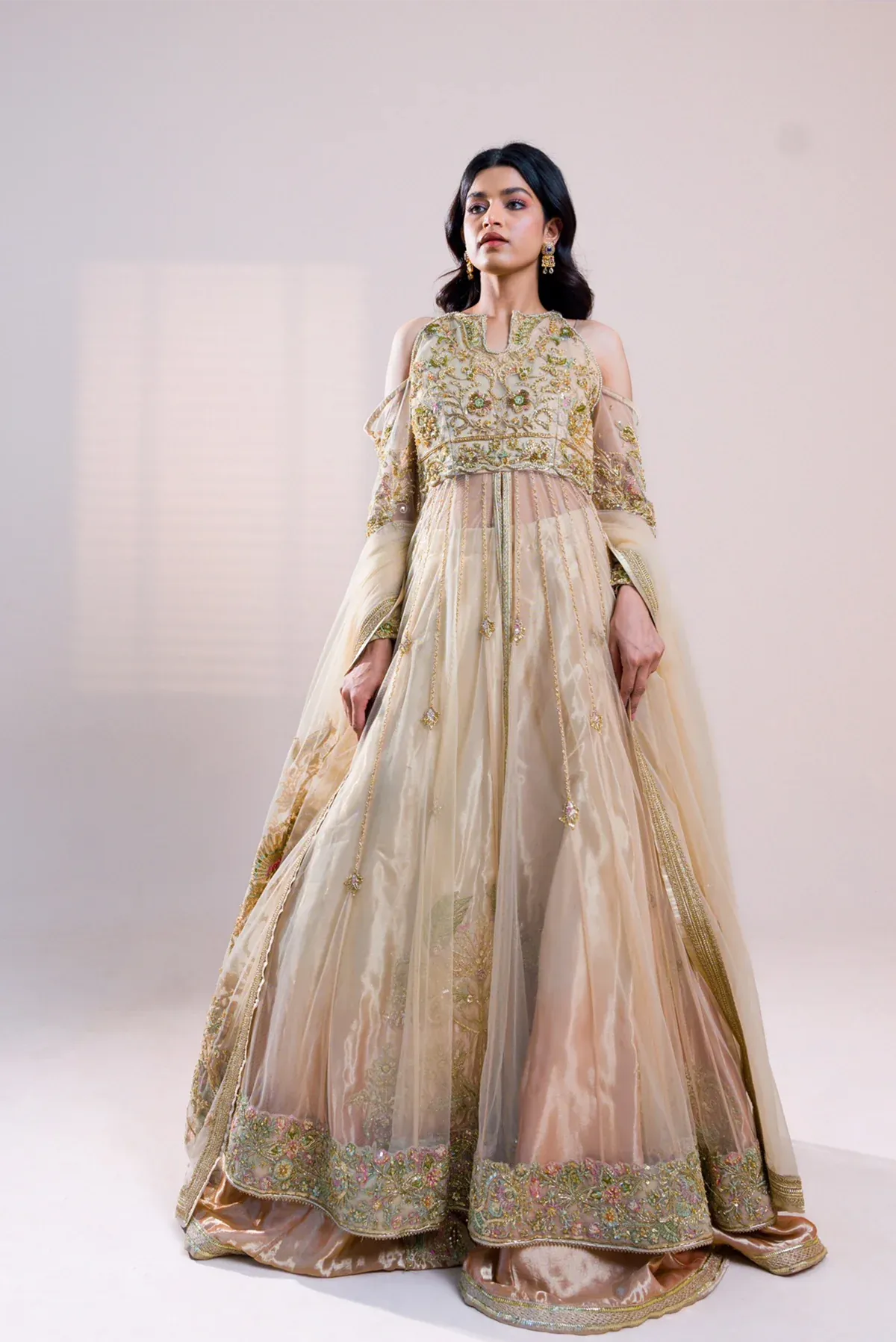 Pakistani Bridal Dress in Open Pishwas Lehenga Style