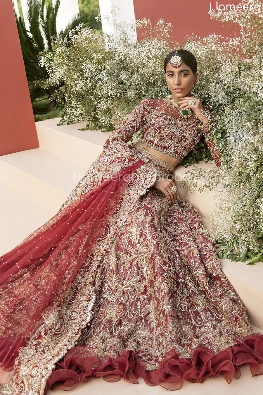 Pakistani Maroon Bridal Lehenga Dress with Choli #BN985
