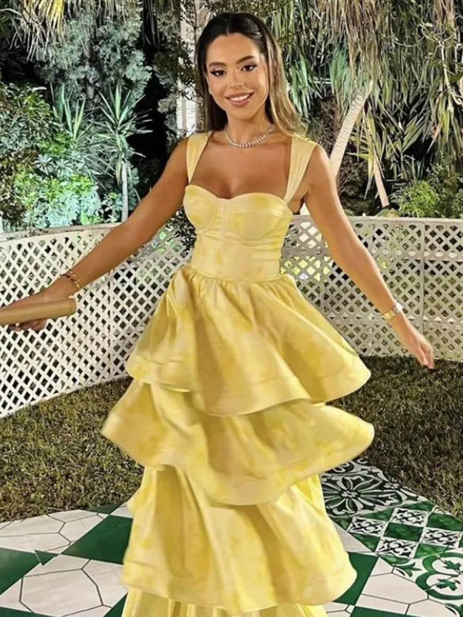 Pastel Ruffle Tie A-line Long Party Prom Dresses