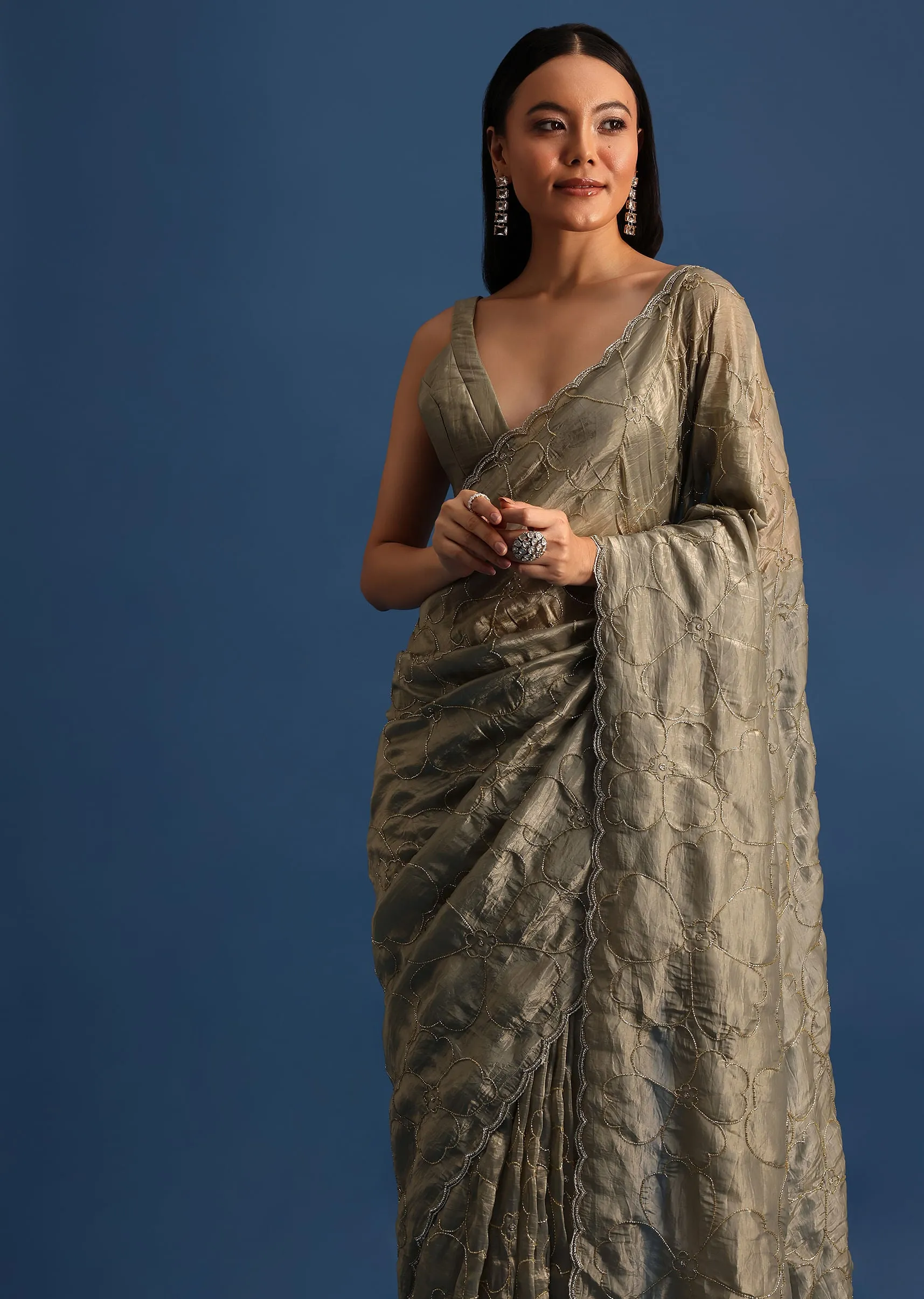 Pencil Grey Cutdana Embroidered Crepe Saree