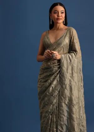 Pencil Grey Cutdana Embroidered Crepe Saree