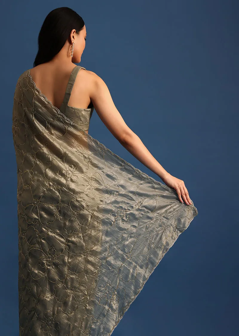 Pencil Grey Cutdana Embroidered Crepe Saree