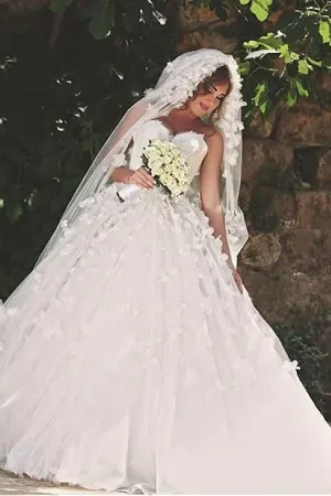 Petal Flowers Strapless Ball Gown Wedding Dress Corset Back