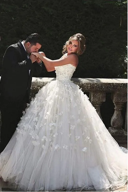 Petal Flowers Strapless Ball Gown Wedding Dress Corset Back