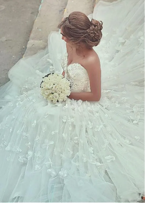 Petal Flowers Strapless Ball Gown Wedding Dress Corset Back