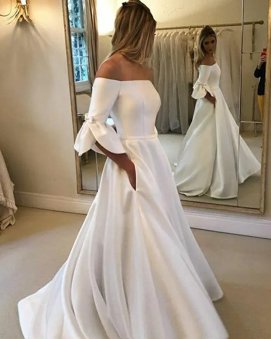 Petal Sleeve Satin Wedding Dresses Off-the-shoulder vestido de novia