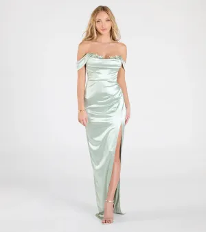 Phoebe Off-The-Shoulder Lace-Up Satin Formal Dress