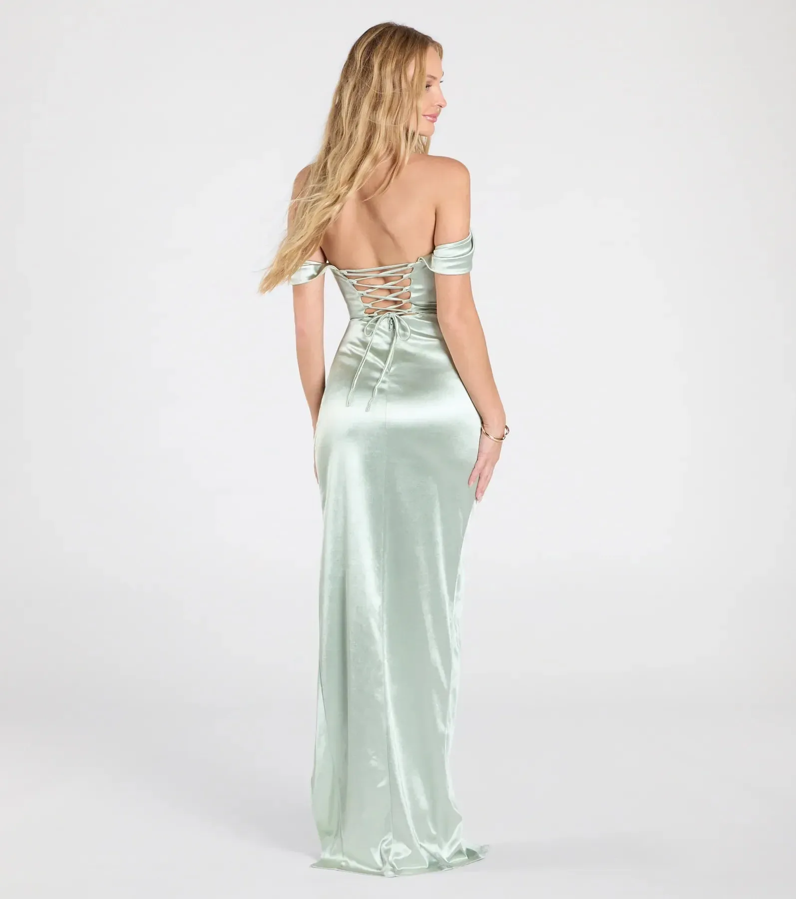 Phoebe Off-The-Shoulder Lace-Up Satin Formal Dress