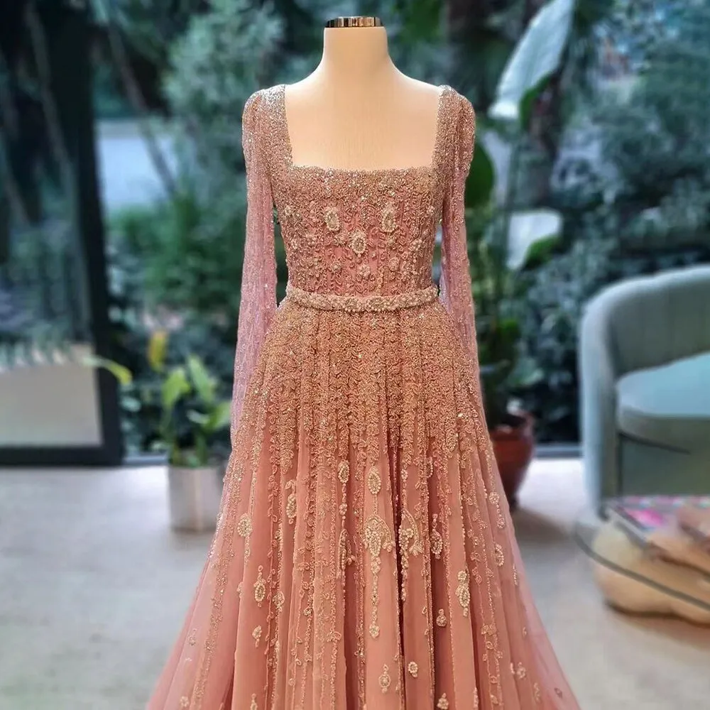 Pink A Line Square Collar Beaded Evening Dresses Gowns
