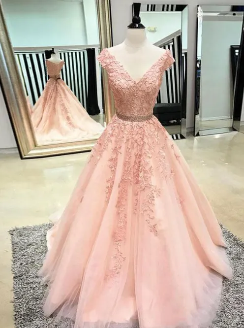 pink prom dresses long 2020 cap sleeve v neck lace appliqué beaded elegant cheap prom gown vestido Longo