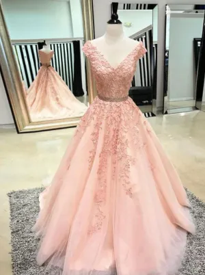 pink prom dresses long 2020 cap sleeve v neck lace appliqué beaded elegant cheap prom gown vestido Longo