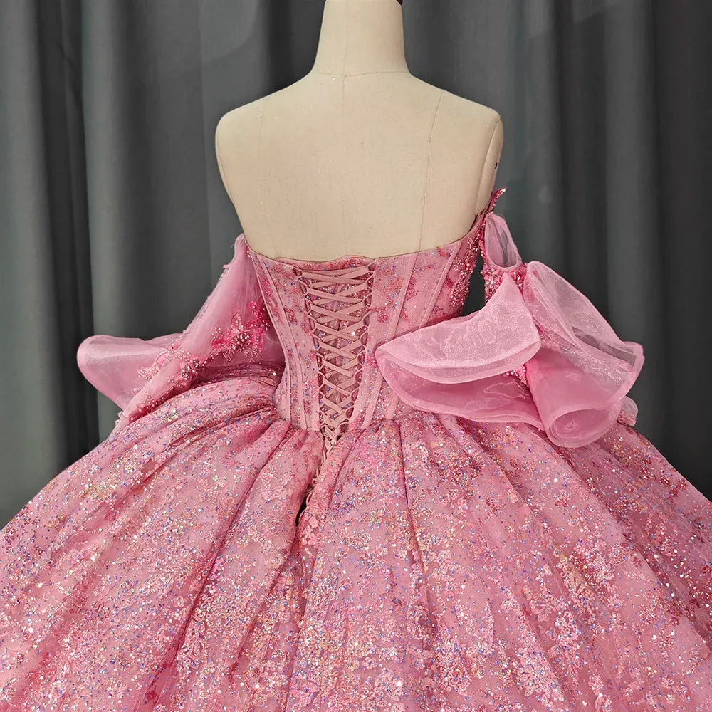 Pink Quinceanera Dress 3D Flowers Appliques Beading Sequins Sweetheart Ball Gowns Sweet 16 Party Dress