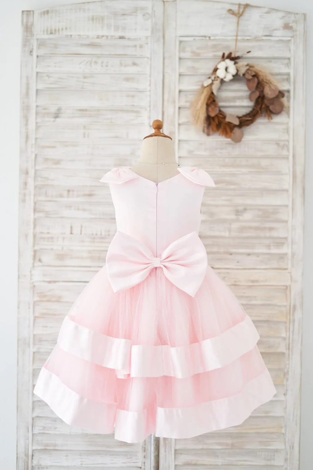 Pink Satin Tulle Cupcake Wedding Flower Girl Dress Kids Formal Dress, Bow