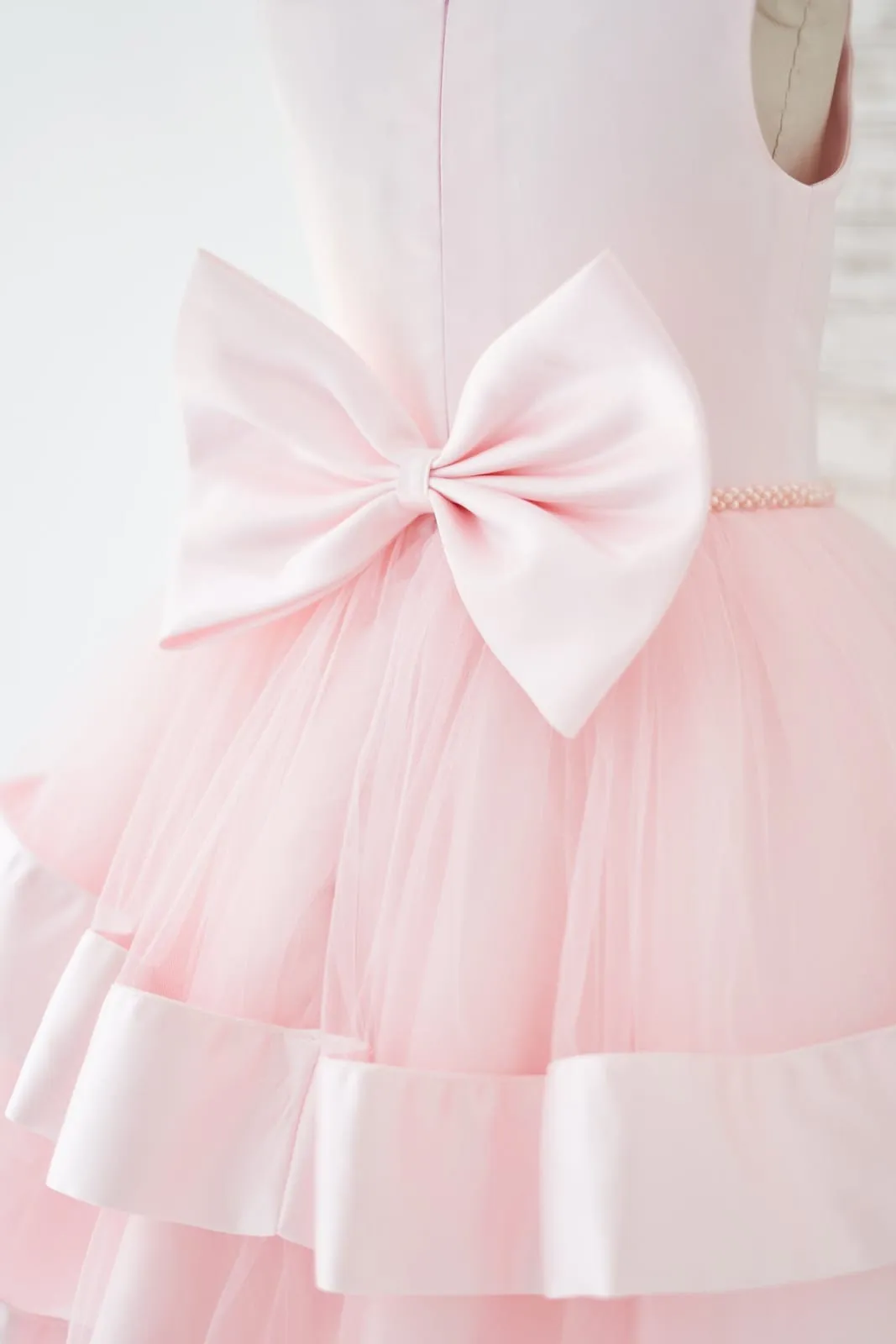 Pink Satin Tulle Cupcake Wedding Flower Girl Dress Kids Formal Dress, Bow