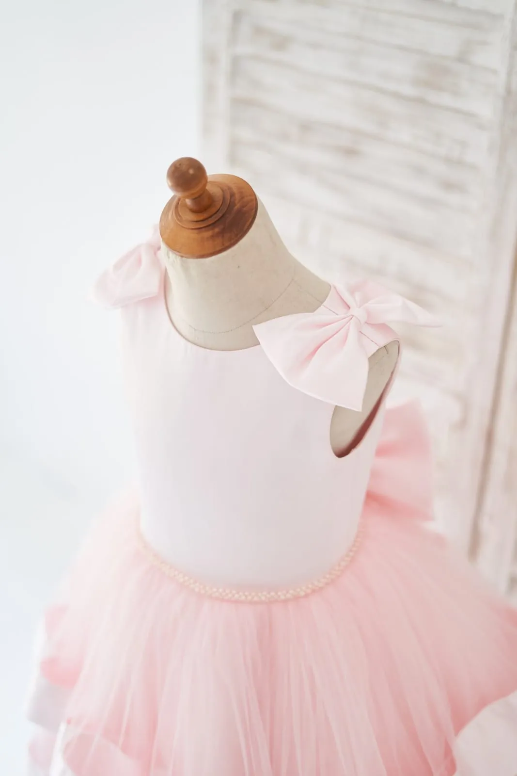 Pink Satin Tulle Cupcake Wedding Flower Girl Dress Kids Formal Dress, Bow
