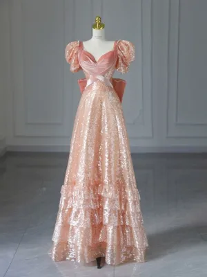 Pink Short Sleeves A-Line Sequins Birthday Dress Formal Prom Dress Evening Gown, D553