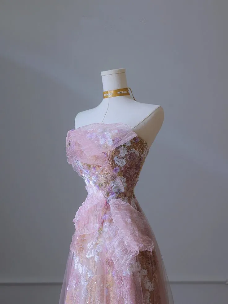 Pink Strapless A-Line Floral Long Formal Prom Gown Evening Dress, MD7935