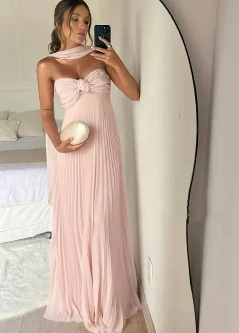 Pink Strapless A-Line Long Formal Party Dress Wedding Guest Dress, D541