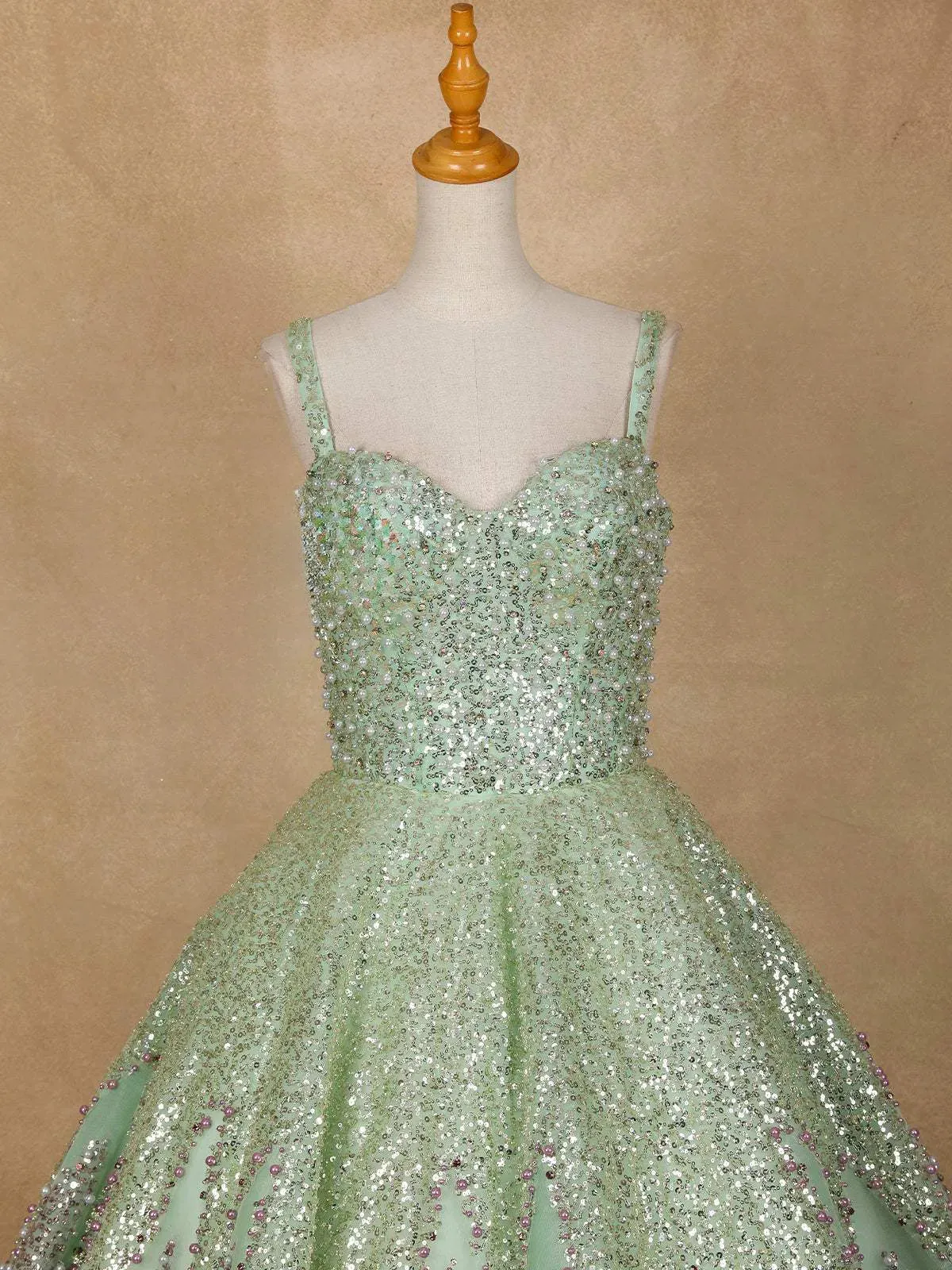 Pista Green Floral Sequin and Beaded Bridal Reception Net Ball Gown