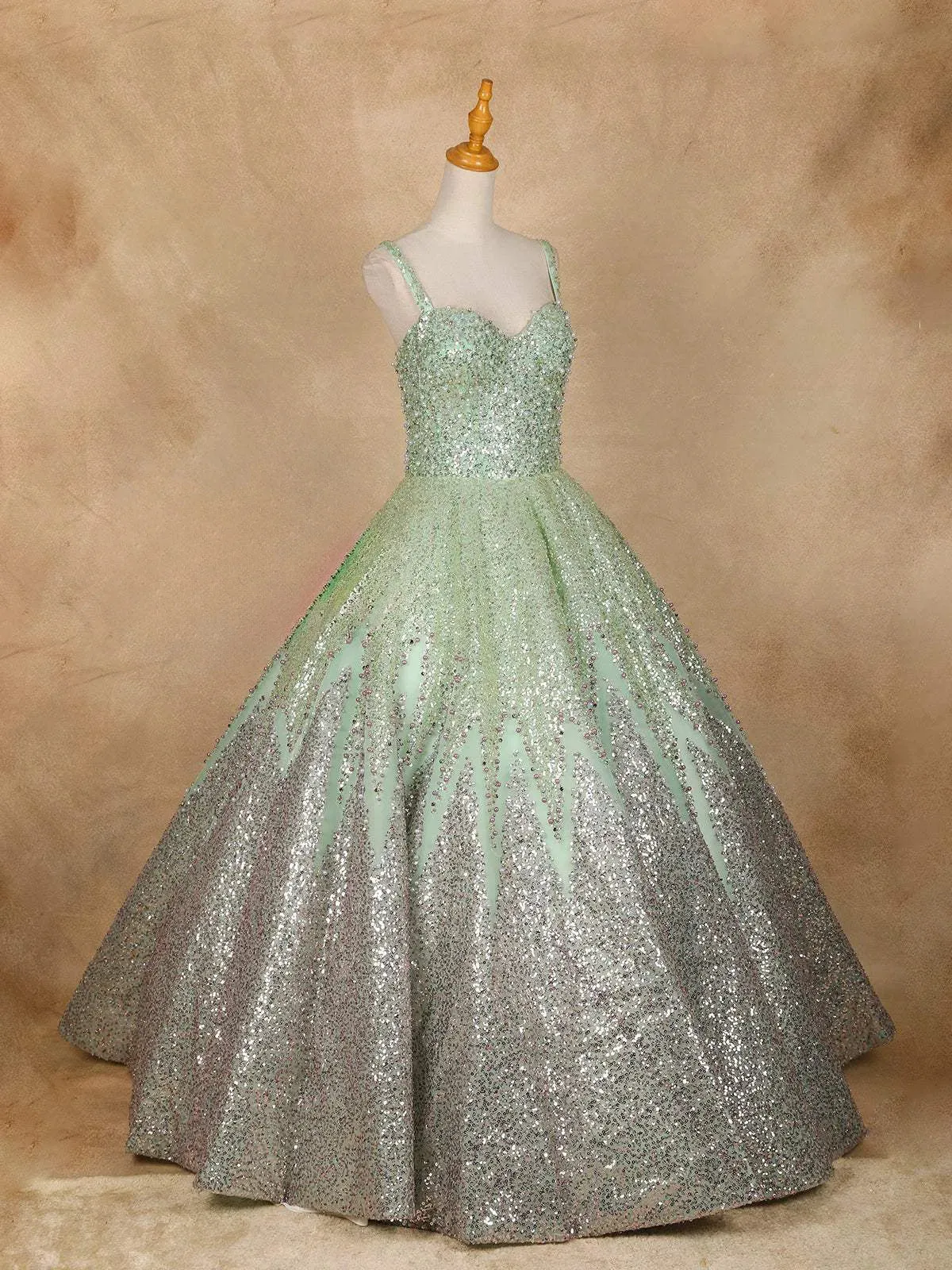 Pista Green Floral Sequin and Beaded Bridal Reception Net Ball Gown