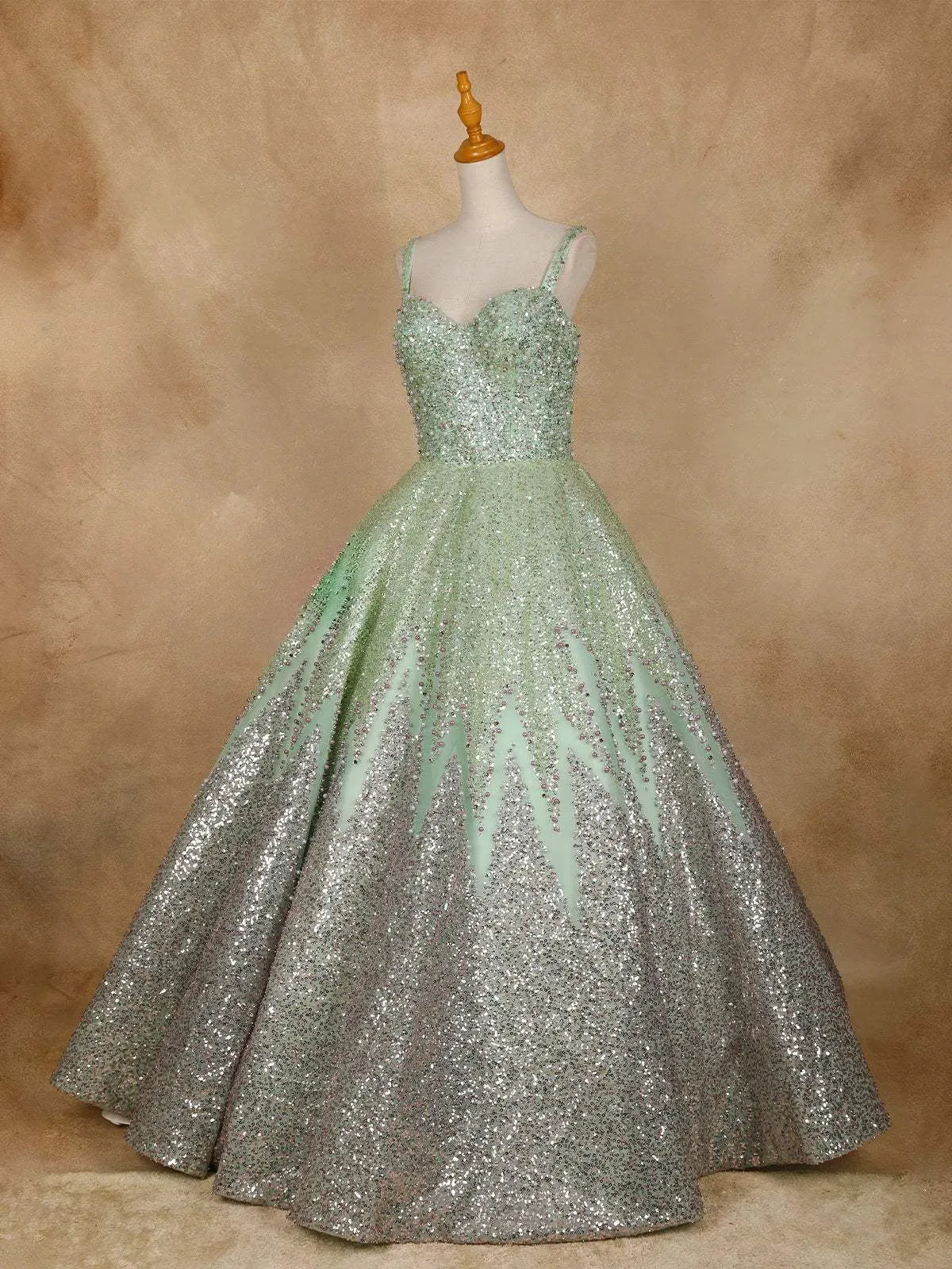 Pista Green Floral Sequin and Beaded Bridal Reception Net Ball Gown