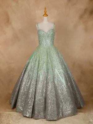 Pista Green Floral Sequin and Beaded Bridal Reception Net Ball Gown