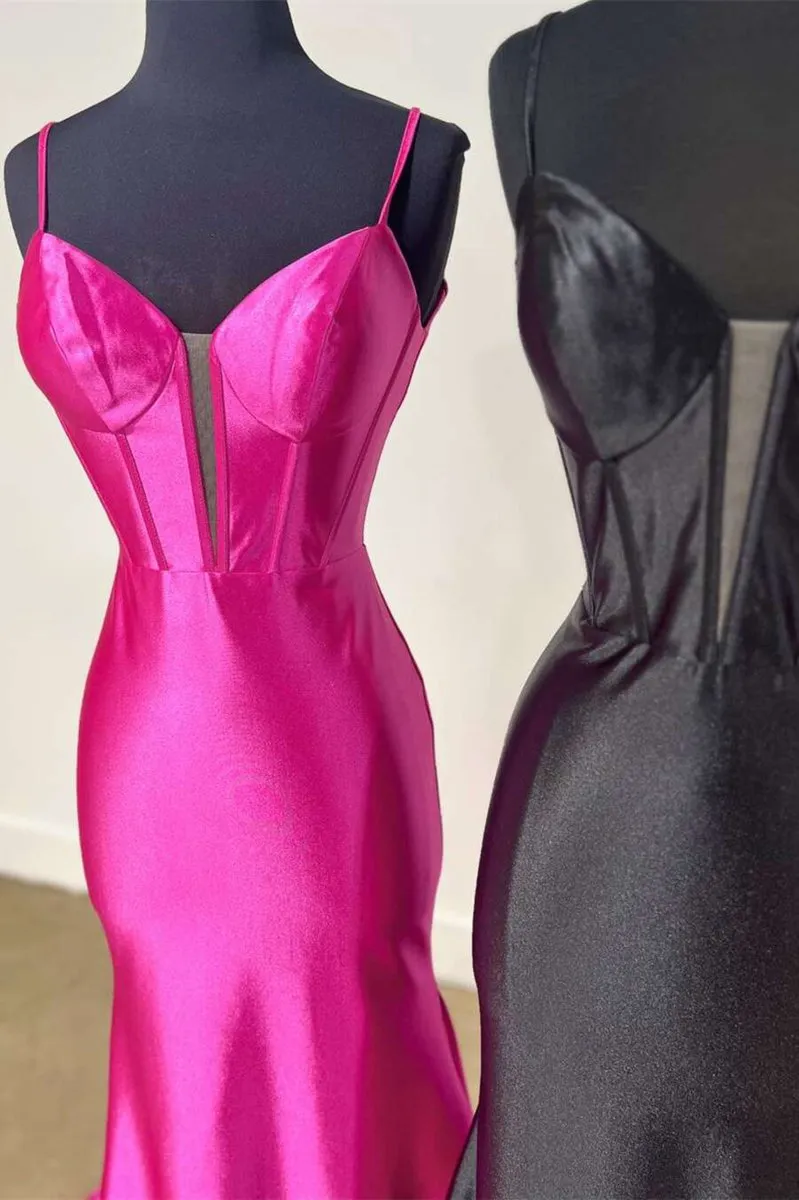 Plunge Neck Satin Mermaid Long Prom Dresses