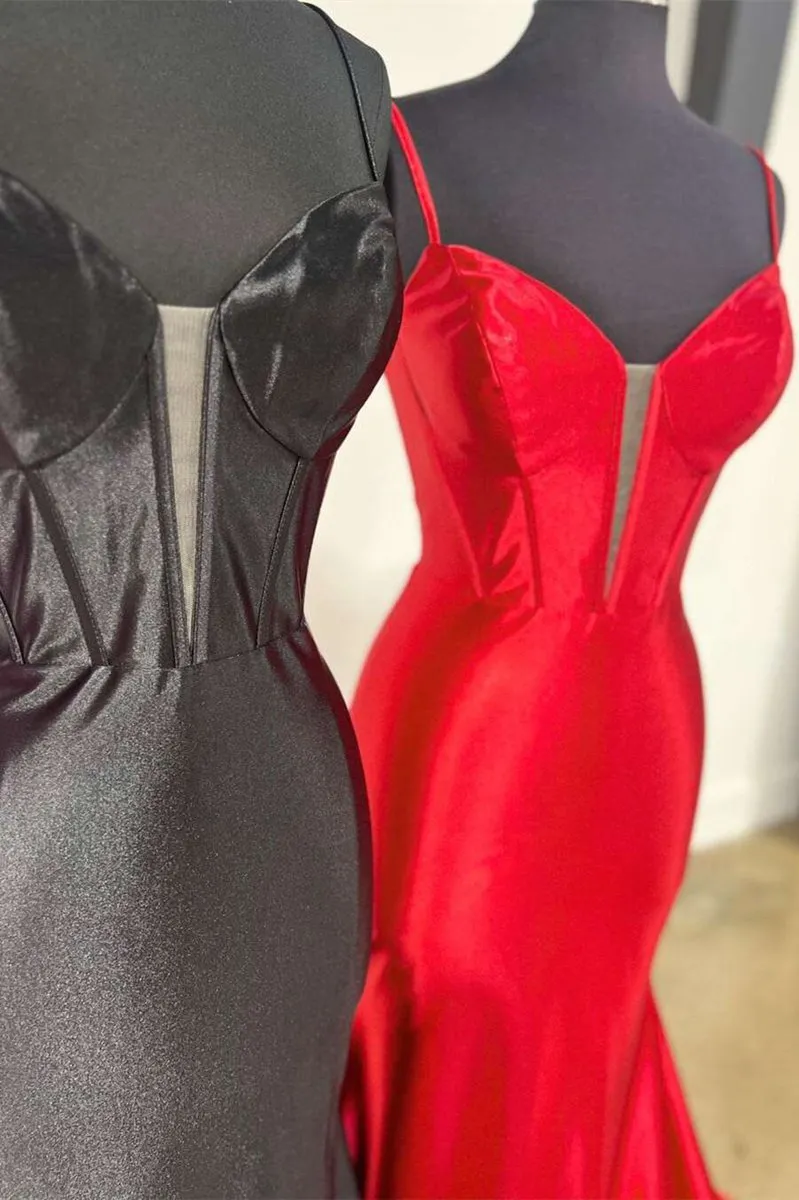 Plunge Neck Satin Mermaid Long Prom Dresses