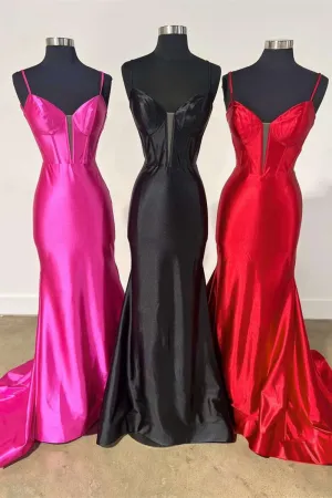 Plunge Neck Satin Mermaid Long Prom Dresses