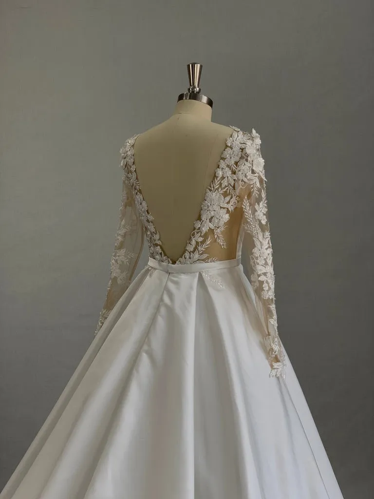 Plunge Neckline 3D Floral Lace Satin Full A-line Wedding Dress | Taylor