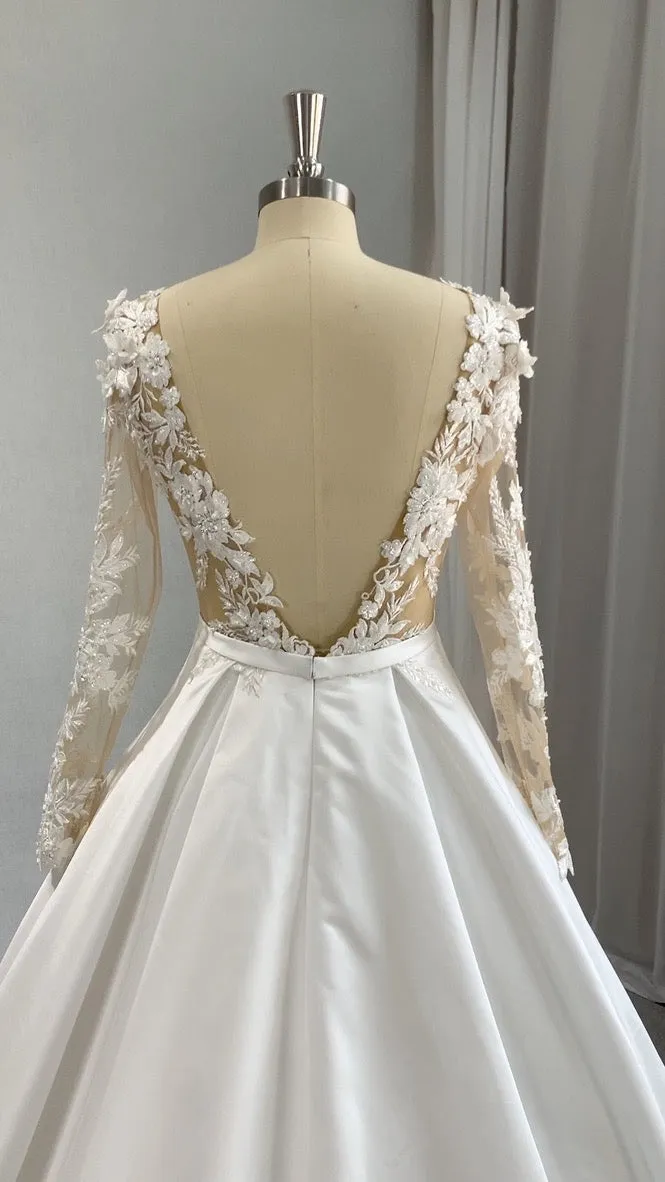 Plunge Neckline 3D Floral Lace Satin Full A-line Wedding Dress | Taylor