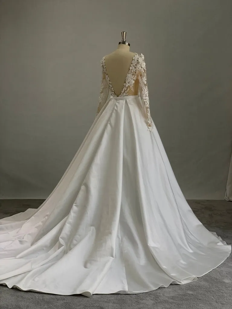 Plunge Neckline 3D Floral Lace Satin Full A-line Wedding Dress | Taylor