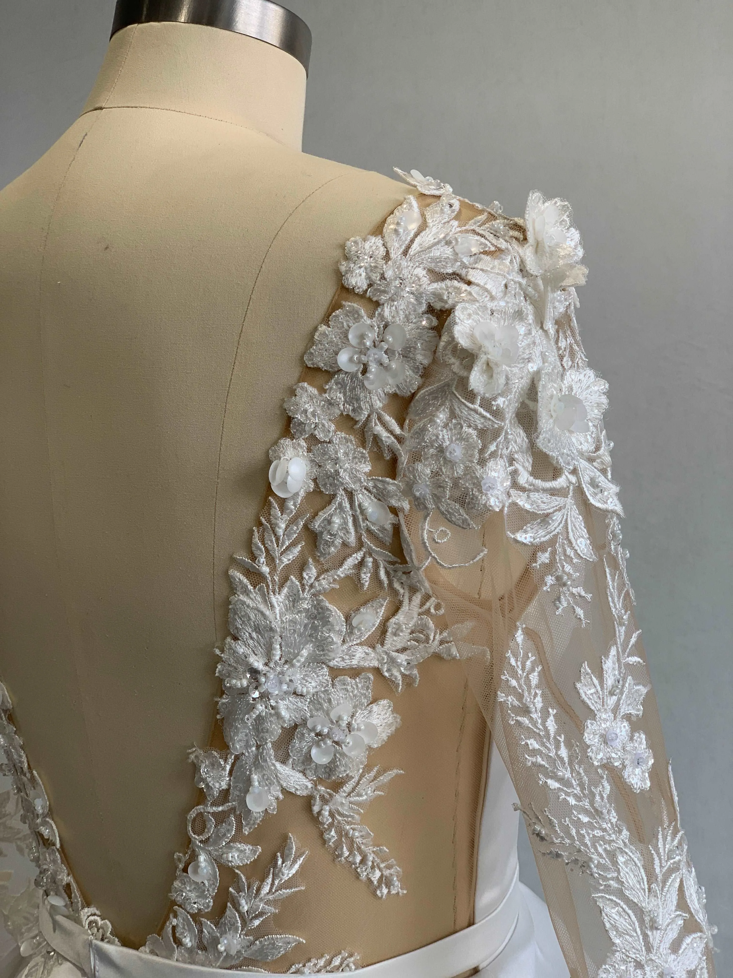 Plunge Neckline 3D Floral Lace Satin Full A-line Wedding Dress | Taylor