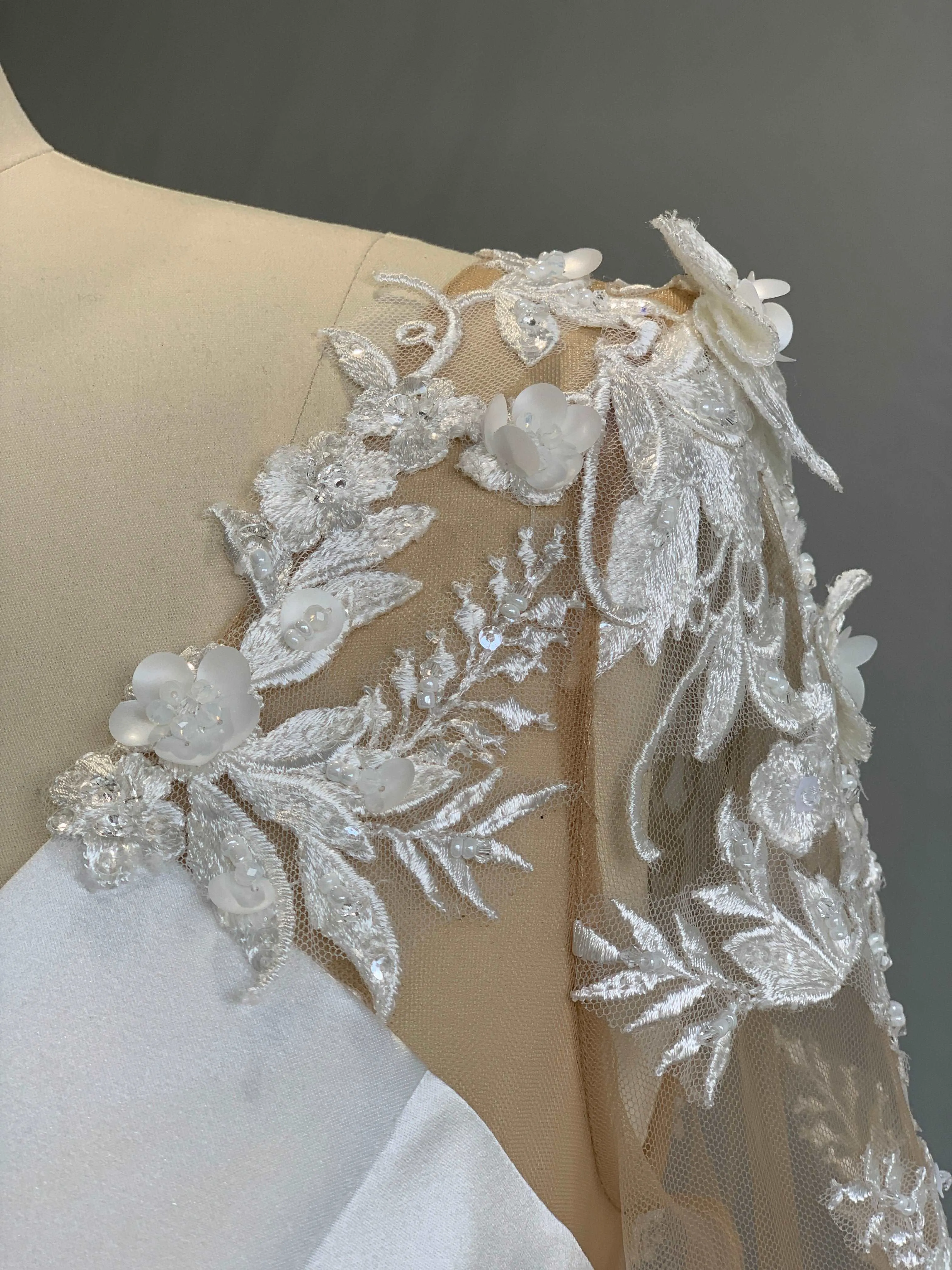 Plunge Neckline 3D Floral Lace Satin Full A-line Wedding Dress | Taylor