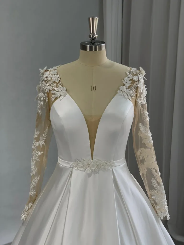 Plunge Neckline 3D Floral Lace Satin Full A-line Wedding Dress | Taylor